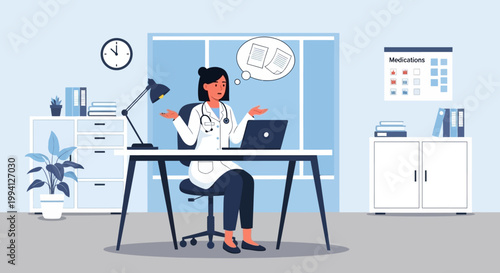 Illustration of a female doctor working on a laptop with a thoughtful expression in a medical office