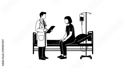 Doctor consulting a patient in a hospital bed with an IV drip