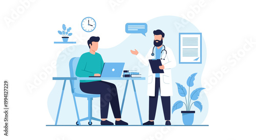 Illustration of a doctor consulting a patient on a laptop in a modern clinic with a calm mood.