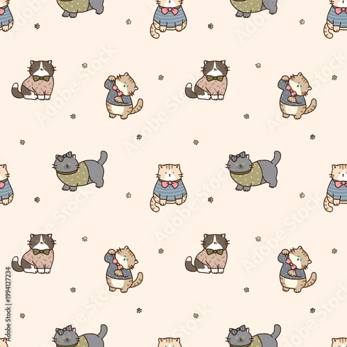 Seamless Pattern with Cute Cartoon Cat and Paw Design on Beige Color Background. Hand Drawn Vector Illustration.