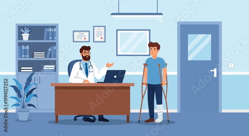 Illustration of a doctor consulting a patient with a leg injury in a blue-toned medical office