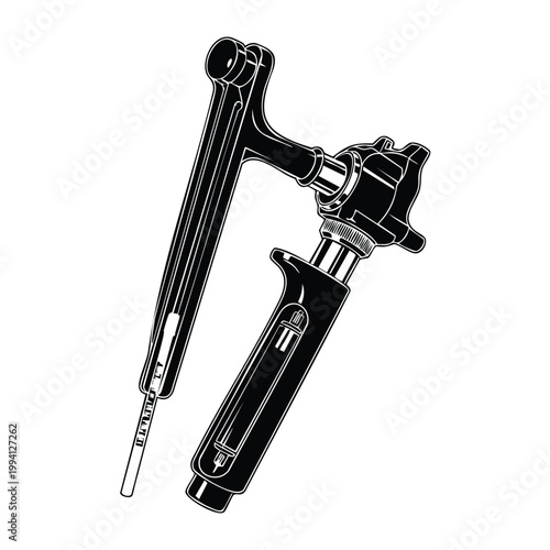 Dental instruments, medical syringe and endoscope set bundle silhouette.