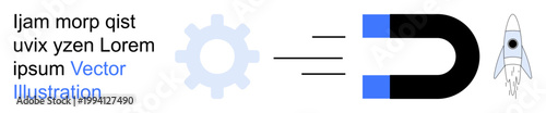 Innovation, science, technology, creativity, energy, attraction. Black and blue magnet pulling a rocket with a gear icon. Innovation and science concept for progress and creativity