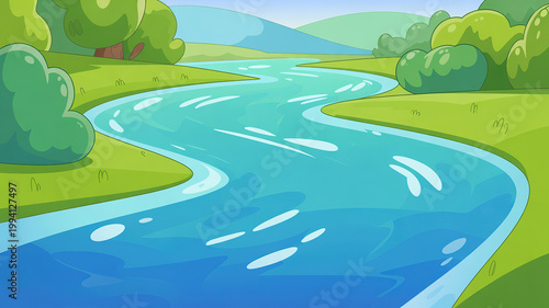 A serene cartoon landscape featuring a winding river flowing through a lush green valley with trees and hills in the background.