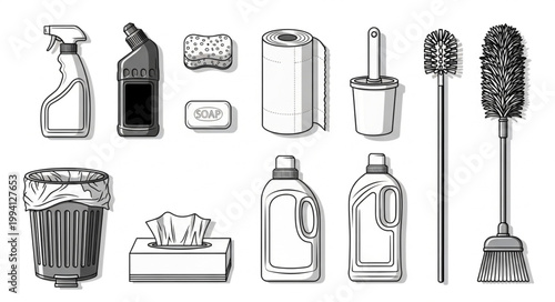 Collection of cleaning supplies and tools for household chores.