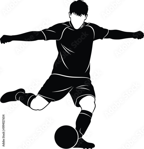 Soccer player kicking ball in action pose on field