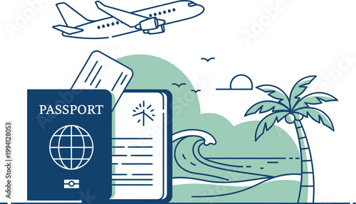 Illustration of a passport and boarding pass next to a tropical beach with a palm tree and an airplane flying overhead.