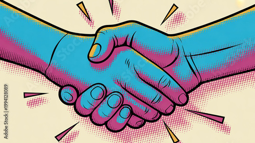 A colorful illustration of two hands shaking in a gesture of partnership and agreement
