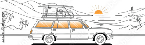 Station wagon loaded with luggage and a surfboard parked along the scenic coastal highway during a beautiful summer sunset time