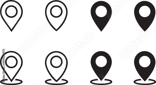 Collection of location pin icons simple outline and filled vector graphics for navigation and mapping applications isolated on white