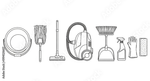 Collection of cleaning supplies and tools for home hygiene.