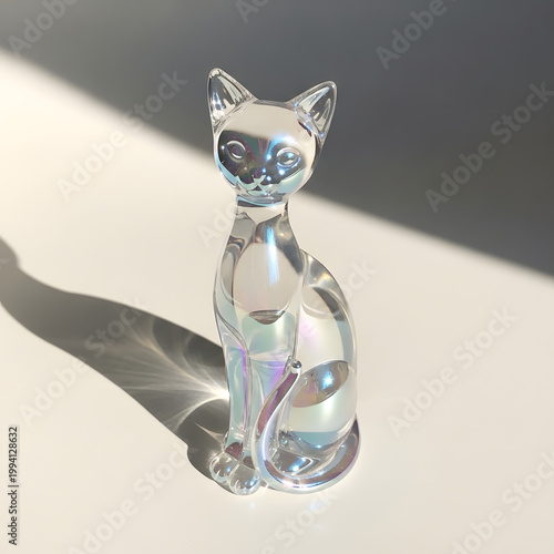 Crystal cat figurine sitting on a white surface with shadows