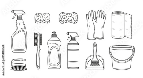 Collection of cleaning supplies and tools for household chores.