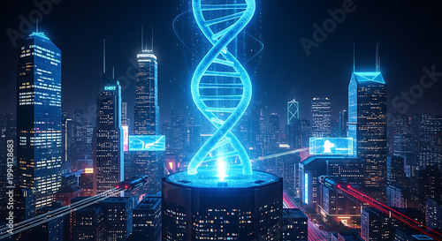 Abstract DNA Double Helix and Microscopic Human Cells Background, Abstract representation of a glowing DNA double helix structure