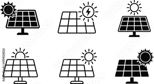 Solar Panel Icon Collection Set with Sun Energy Symbols for Renewable Electricity Power Generation Sustainable Technology Vector Illustration Elements