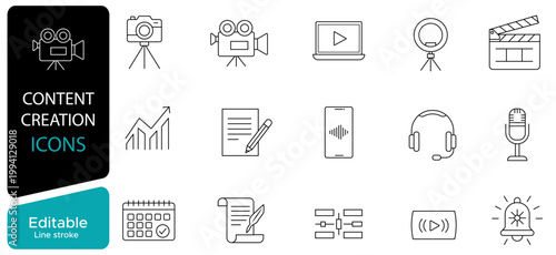 Content creation and media production line icons set in outline style, video editing, blogging, social media, digital marketing tools, editable stroke vector illustration