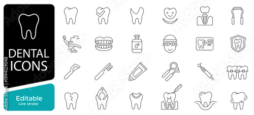 Dental care line icons set in outline style, tooth, dentist, oral hygiene, treatment, clinic, medical icons set, editable stroke vector illustration
