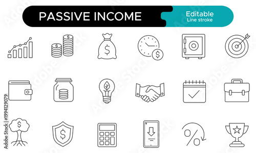 Passive income line icons set in outline style, investment, earnings, savings, cash flow, financial growth icons set, editable stroke