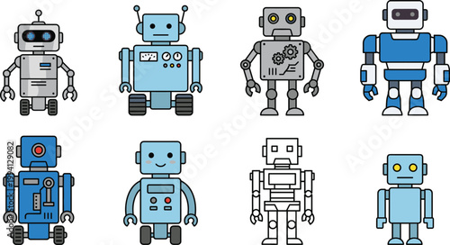 Retro Cartoon Robot Character Collection Set with Humanoid Android Toy Bot Variations for Technology Artificial Intelligence Kids Design Vector Illustration Bundle