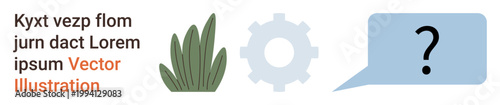 Nature, technology, communication, problem-solving, collaboration, process illustration. Includes plant, gear speech bubble with question mark. Nature and technology concepts are highlighted