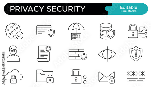 Privacy and security line icons set in outline style, data protection, cybersecurity, encryption, secure access, editable stroke vector illustration