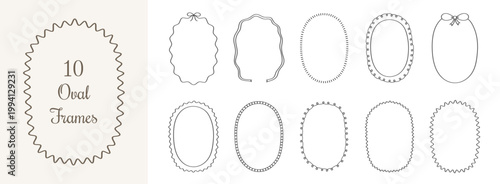 Hand drawn oval frames and borders in various delicate line styles suitable for wedding invitations, vintage card designs, elegant labels, and minimalist branding projects