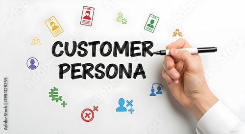 Hand writing customer persona concept with colorful icons on whiteboard  business marketing strategy