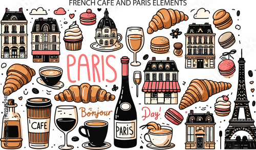 French Cafe Paris Coffee and Bakery Food, Illustration Doodle Cartoon Collection