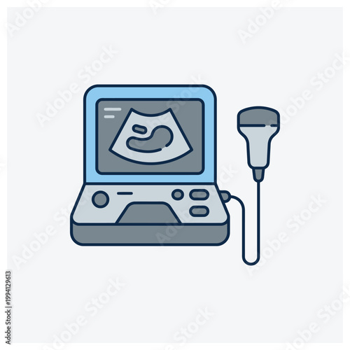 Medical ultrasound machine screen and probe illustration