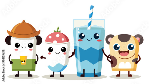 Friendly fast food character friends posing for a group picture