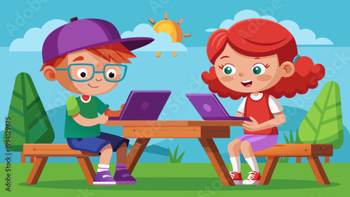Two school children using laptops at a park bench in summer