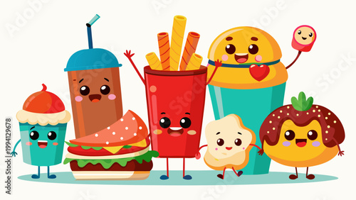Assorted fast food character snacks and drinks in a row