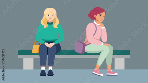 Two women sitting on a bench with different bags
