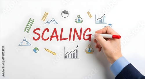 Hand holding marker drawing business growth concept with scaling text and various graphs  business strategy