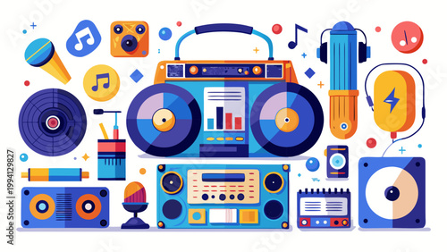 Retro boombox and audio equipment illustration