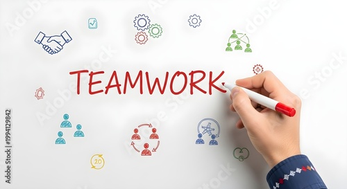 Business teamwork concept with hand holding marker drawing colorful icons on whiteboard  collaboration and partnership
