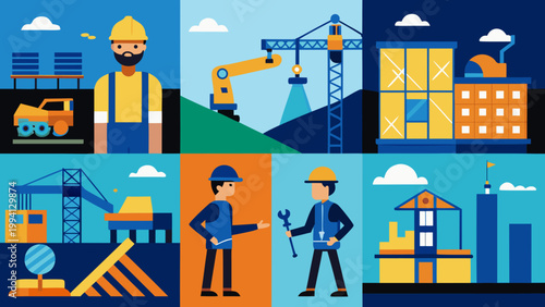 Construction workers and buildings flat design illustration