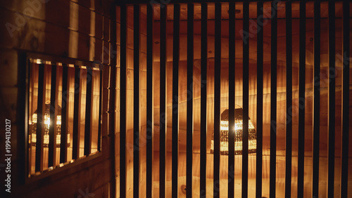 Relaxing atmosphere in a well-designed sauna featuring wooden panels and warm lighting