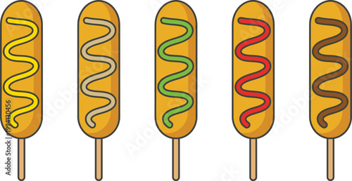 Corn Dog Snack Collection with Sauce Topping Variations on Stick Street Food Fast Food Fried Sausage Festival Meal Vector Illustration Set