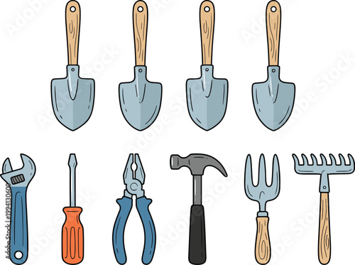 Garden Trowel and Hand Tool Collection Set with Wrench Screwdriver Pliers Hammer Fork and Rake Equipment for Gardening Maintenance Vector Illustration Bundle