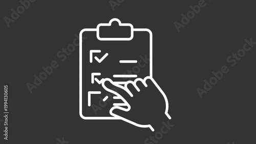 Animated survey checklist white line icon. Choosing options animation. Task management, todo list. Checked boxes. Performance analysis. Isolated element on dark background. Alpha transparent video