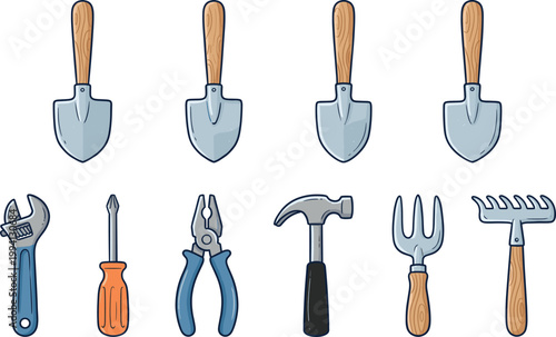 Garden Hand Tools Set with Trowel Wrench Screwdriver Pliers Hammer Fork and Rake Equipment for Gardening Maintenance and Repair Vector Illustration Collection