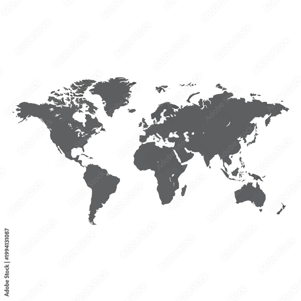 Fototapeta premium High-detail gray world map silhouette showing continents North America, South America, Europe, Africa, Asia, and Australia isolated on a solid white background vector illustration.