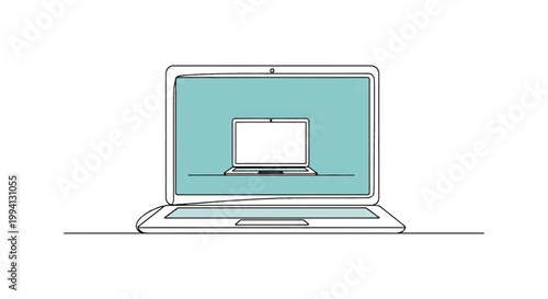 Minimalist continuous single line drawing of an open laptop computer with a smaller laptop displayed on its teal blue screen, featuring a clean black outline on a white background.