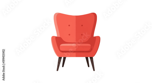 Modern red armchair flat vector illustration isolated on white background. Mid-century style wingback chair with dark wooden legs and tufted back detail for interior design.