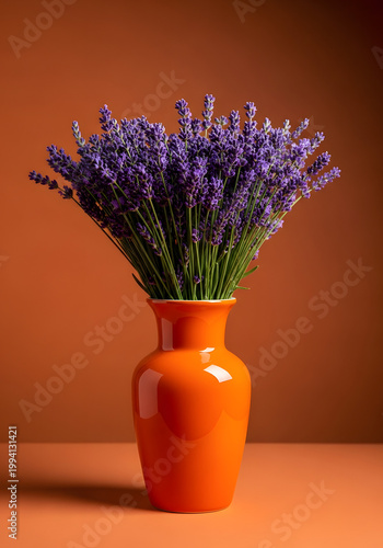 A bouquet of lavender in a bright orange ceramic vase against an orange background; a minimalist floral still life featuring vibrant colors, soft shadows, and space for text. AI generated.
