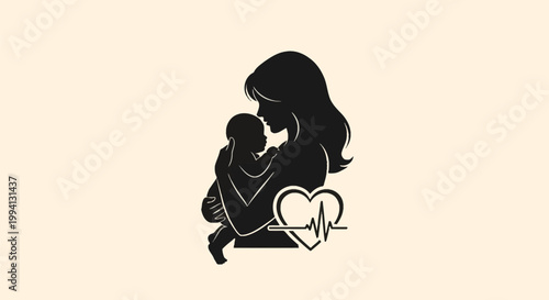 Minimalist black silhouette of a mother holding her baby in her arms, including a heart icon with a pulse heartbeat line, suitable for maternal health and family concepts.
