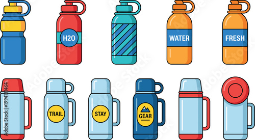 Water Bottle and Thermos Icon Set with Outdoor, Hiking, Fitness, and Hydration Designs Representing Drink Containers, Travel Gear, and Healthy Lifestyle Collection