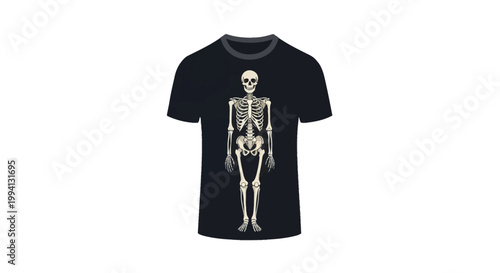 Black crew neck t-shirt featuring a detailed full human skeleton graphic on the front, including skull, ribcage, spine, and limbs, isolated on a solid white background.
