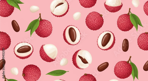 Seamless vector pattern of whole and halved lychee fruits on a light pink background. Includes detailed textured red skin, white succulent flesh, brown seeds, and green leaves.